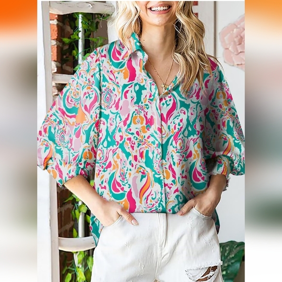 Women's Aqua/Pink Modern Abstract Paisley Print Loose Blouse w/Long Sleeves-XXL - Picture 2 of 9